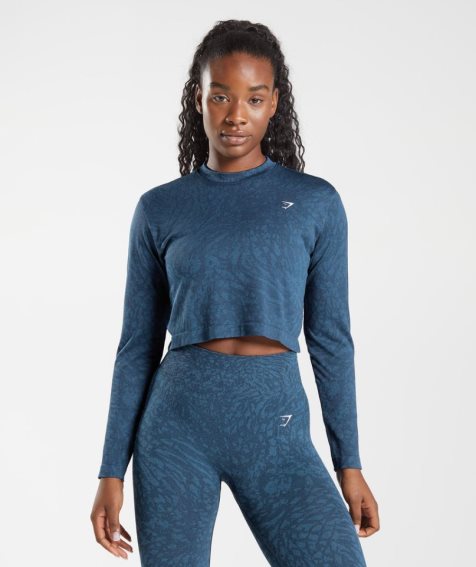 Women's Gymshark Adapt Animal Seamless Long Sleeve Top T-Shirts Navy | CA D08N3A